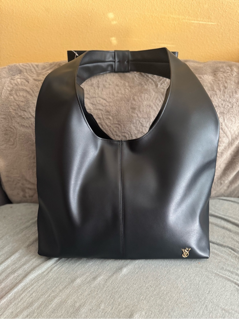 Victoria's Secret Black Faux Leather Shoulder Tote with Gold VS Emblem